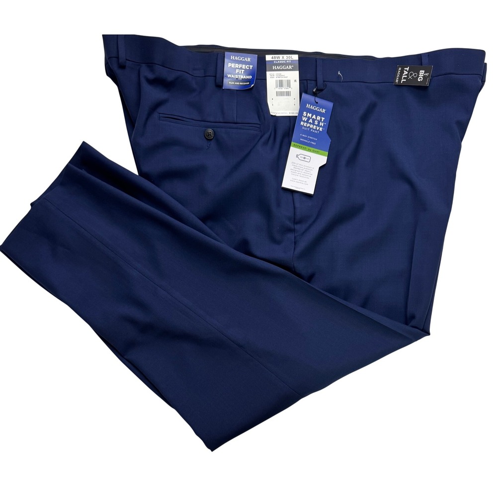 Haggar Men 48x30 Midnight Blue Smart Wash Repreve Classic Fit Suit Pants